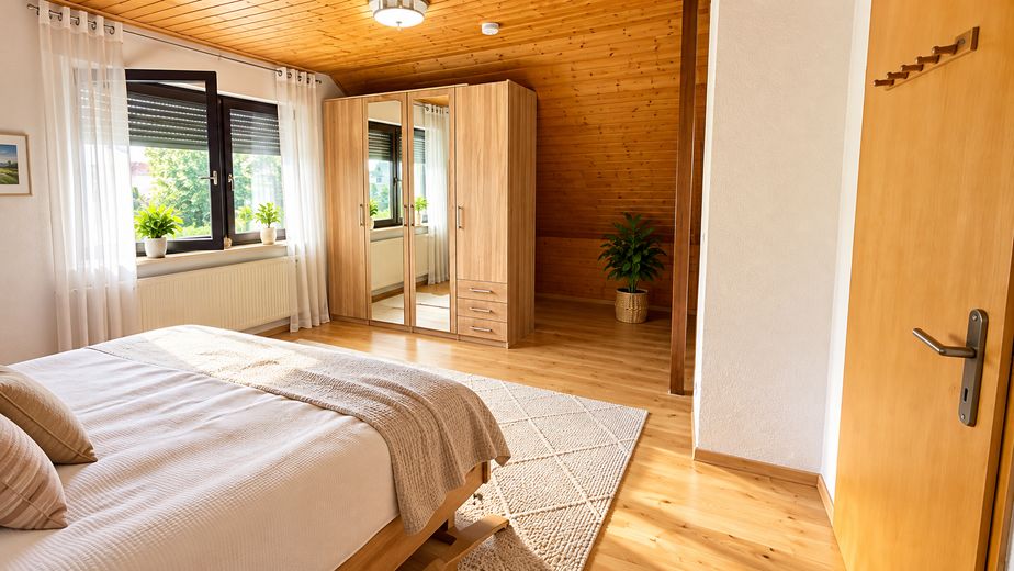 Detached single-family house with garden, balcony and parking space  commission-free – Schlafzimmer im Dachgeschoss
