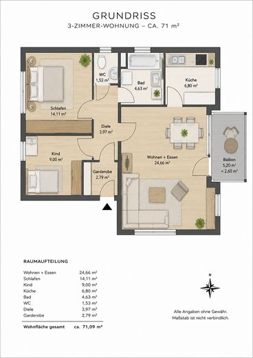 Lichtdurchflutete 3-Zimmer-Wohnung mit Garage und schöner Aussicht ins Grüne – Grundriss
