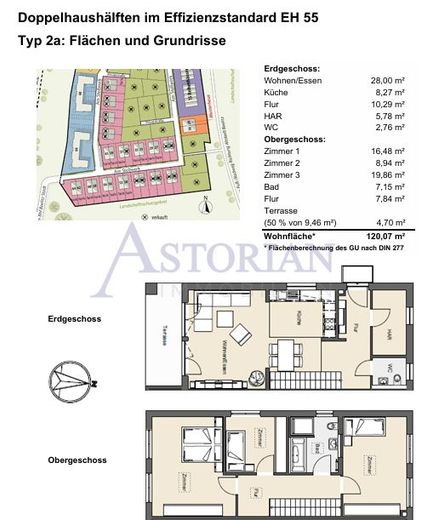 Ihre neue Doppelhaushälfte Typ 2A im KfW 55-Standard am Landschaftsschutzgebiet in Beelitz – Grundrisse und Flächen Typ 2a