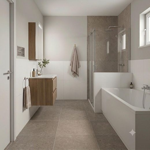 Maisonette Wohnung 71m² + 65m² Souterrain eigene Haustüre Erstbezug 2199€ warm inkl. Küche, Carport – Beispielbad