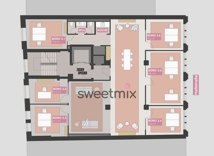 sweetMix – Private Büros im Zuckerspeicher (Kleinbüro, Einzelbüro, Doppelbüro, Co-Work) – Grundriss 3. Obergeschoss