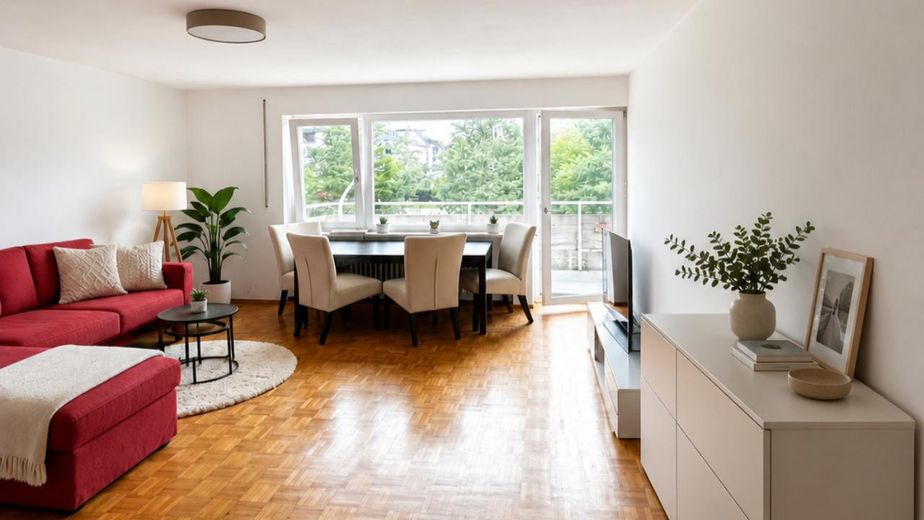 Luminoso appartamento di 1 locale a Monaco-Sendling, 1° piano, balcone esposto a ovest, affittato, da privato – Wohnraum