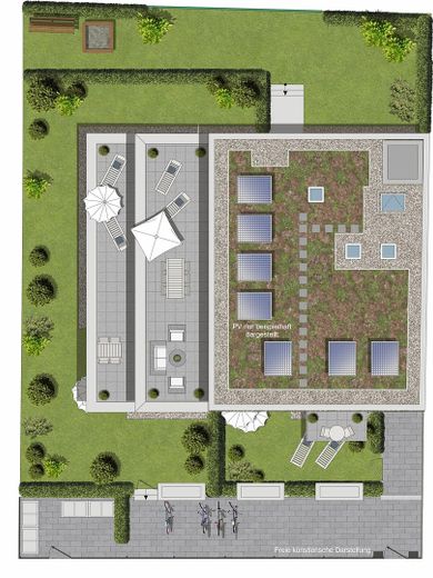 Raum zum Leben: Neubau 3-Zimmer-Wohnung mit 2 Tageslicht-Bäder in Köln Müngersdorf – Dachaufsicht, Lageplan
