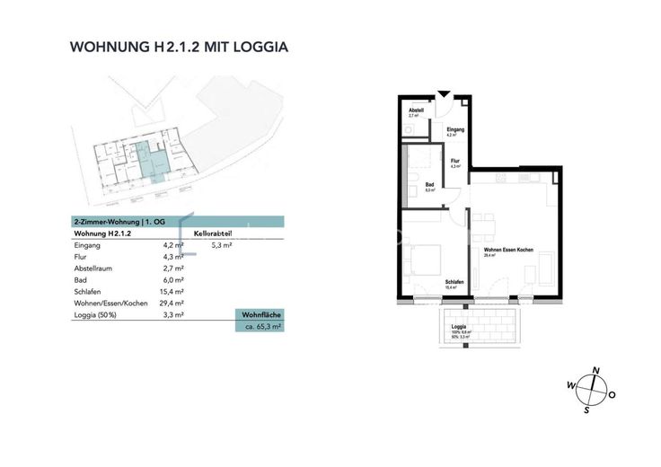 2-Zi. - Eigentumswohnung im ILLERPARK | 65,3 m² | Erstbezug (2.1.2) – Wohnung H2.1.2 mit Loggia