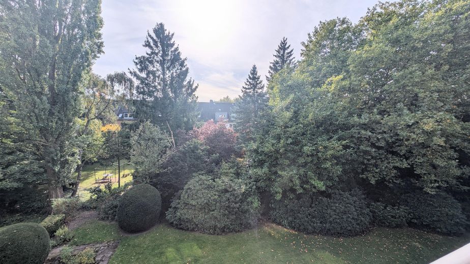 Licht 3-kamerappartement, volledig gerenoveerd, met balkon bij het stadspark en parkeerplaats in de ondergrondse garage – Ausblick Balkon Wohnzimmer