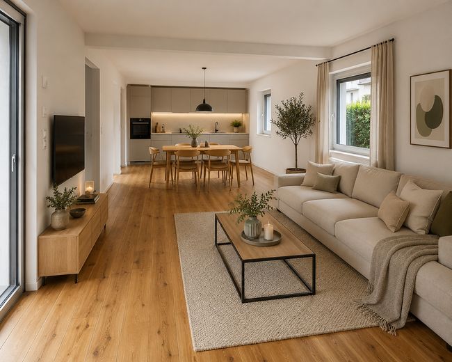 Sanierte ein Familienhaus – Wohnzimmer KI