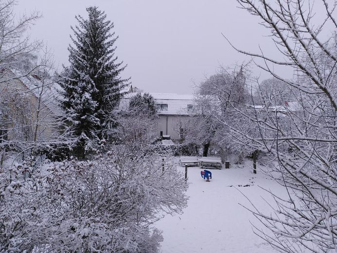 2 odalı Pankow dairesi; balkon, bahçe, bisiklet bodrumu, bodrum deposu (yeraltı otoparkı) – Garten im Winter