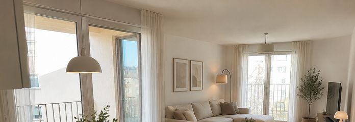 *Neuwertig* 3-Zimmer-Wohnung mit Balkon in Offenbach – Wohn-Essbereich mit Möbel KI