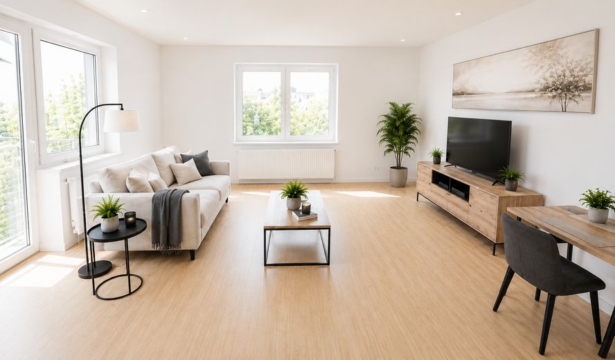 Słoneczne mieszkanie 2-pokojowe przed Freiburgiem | balkon od strony południowo-zachodniej | łazienka z oknem | dostępne od zaraz – Wohnzimmer - Visualisierung