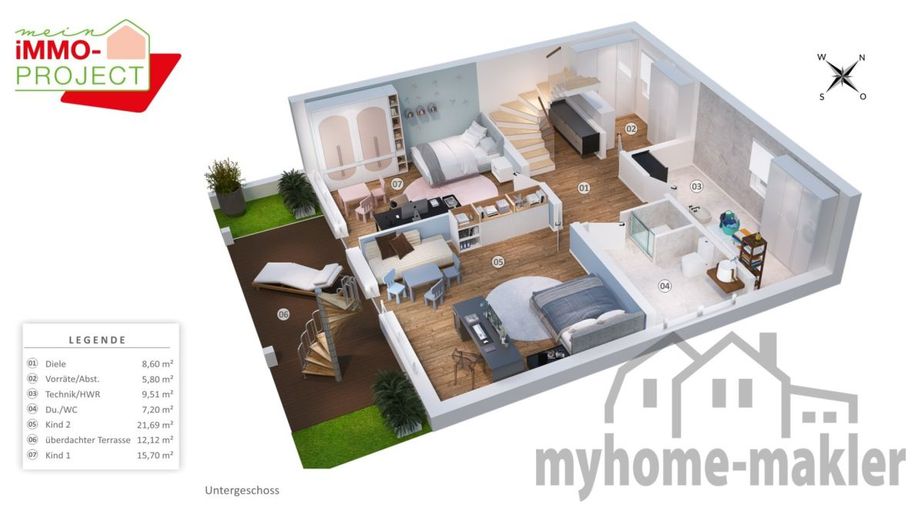 Provisionsfrei vom Bauträger: Modernes und urbanes Reihenendhaus in ruhiger Ortsrandlage – Grundriss Untergeschoss 3D