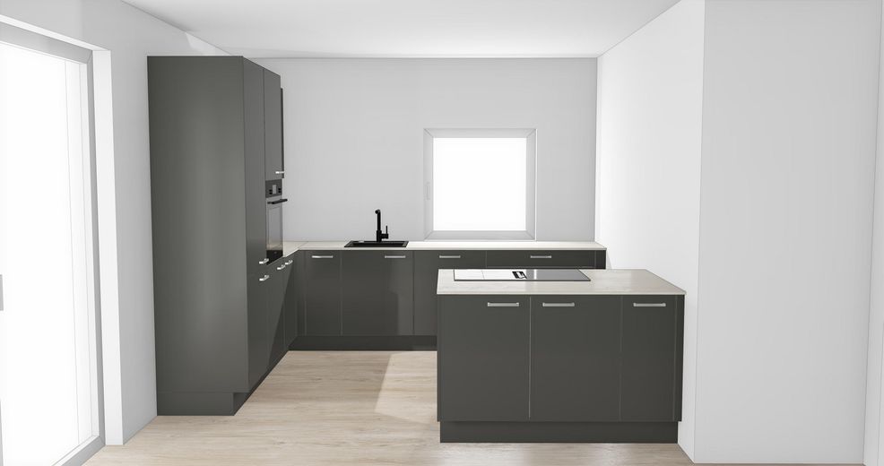 Primera ocupación: 2× vivienda de 3 habitaciones con isla de cocina – a elegir con jardín de 100 m² o balcón orientado al sur – Küchenansicht Wohnraum