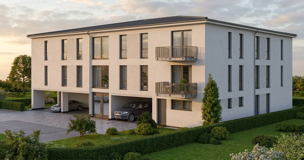 Ihre ruhige Terrassenwohnung im Grünen – Eingangsansicht mit Stellplatz