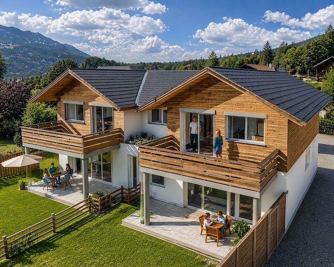 Wohnen mit Bergkulisse – massiv gebaut, für immer daheim – Ansicht aus Süden KI generiert