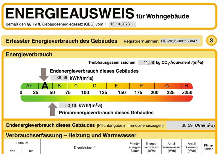 Entra subito, senza costruire: bifamiliare di 5 locali, 140m² di superficie abitabile, 180m² di superficie utile, classe di efficienza A, cantina, giardino, 4 posti auto – Energieausweis (Auszug)