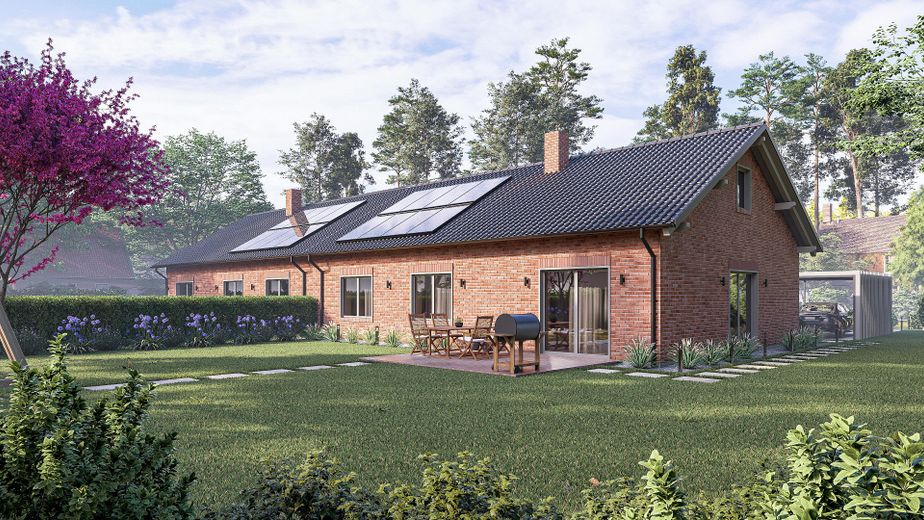 Demi-maison bungalow haut de gamme avec cuisine équipée et sauna – situation attractive et calme à Barum – Aussenansicht Garten 