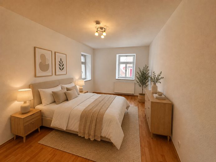 Tolle großzügige 2-Zi Wohnung in ruhiger Lage Sinsheim-Hilsbach – Schlafzimmer (KI eingerichtet)