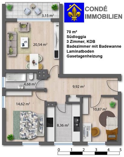 लॉगिया सहित 3-कमरों वाला आकर्षक अपार्टमेंट, पहली मंजिल पर – Attraktive 3-Zimmer-Wohnung