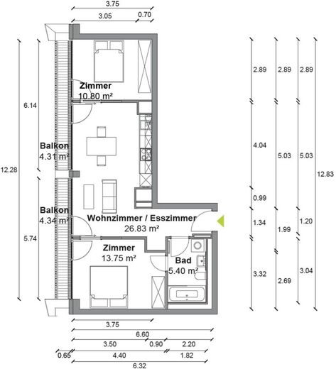 Sonnenbalkon! Offen geschnittene 3 Zimmer Wohnung mit ca. 61m², EBK und Weitblick in Berlin-Mitte! – Grundriss C102