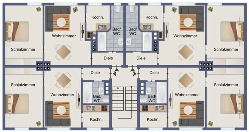 Möblierte KfW40-Wohnung mit Waschmaschine, Internet, hervorragende ÖV-Anbindung – WE unten rechts im Grundriss
