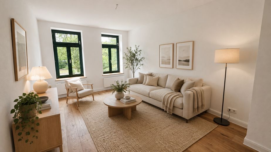*Recently modernized: 2-room period apartment in Leipzig Stötteritz | Commission-free | 4% yield + 4.25% depreciation allowance* – Wohnzimmer (eingerichtet)