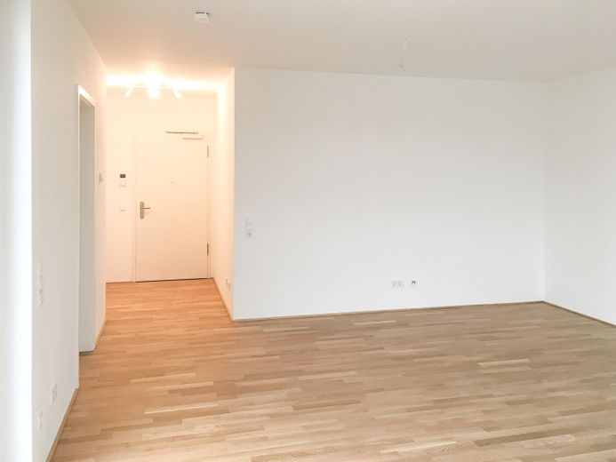 Skyline manzaralı, kapalı balkonlu, ankastre mutfaklı ve kapalı otoparklı aydınlık 2 odalı daire, Frankfurt-Riedberg – Wohnbereich / Eingang