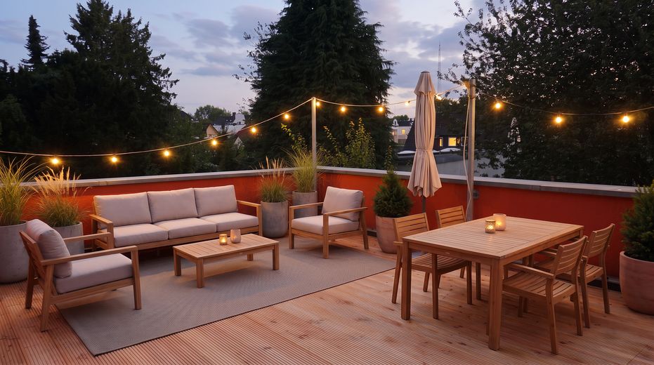 Charme historique. Confort de vie moderne. Un chez-soi avec du caractère. – Dachterrasse möbliert abends
