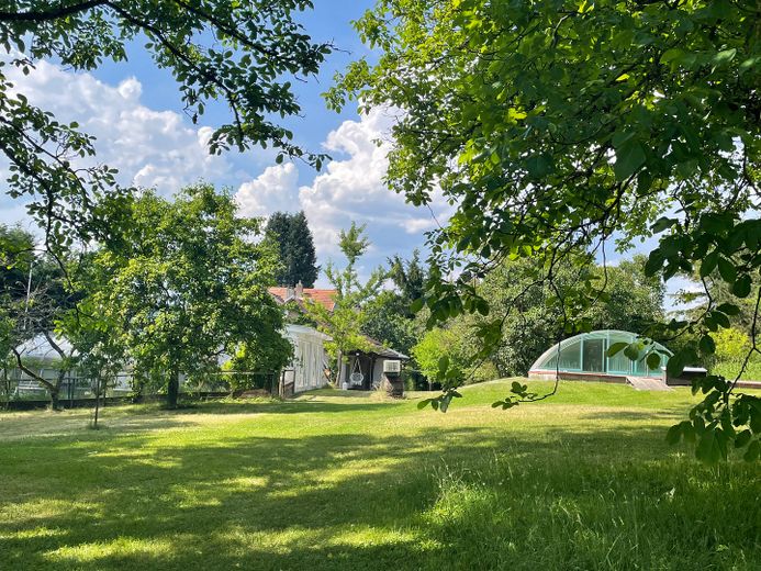 हरियाली के बीच आर्ट नोव्यू विला, फिर भी आसपास के शहरों के केंद्र में – Wiese mit Blick zum Haus