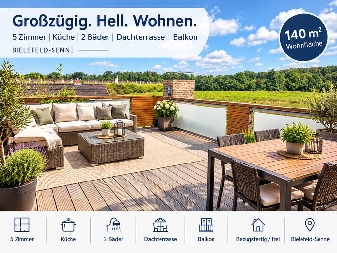 Maisonette daire, 5 oda+mutfak+2 banyo, balkon+çatı terası, Bielefeld-Senne’de sakin konut bölgesi – Dachterrasse