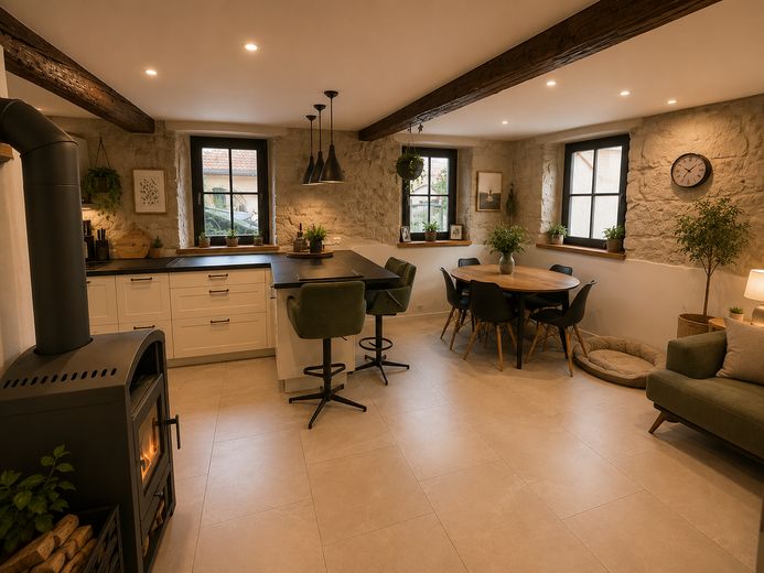Sandsteinanwesen in Uehlfeld -kernsaniert-nachhaltig-außergewöhnlich. Ein Zuhause mit Geschichte – Wohnbereich mit Kamin