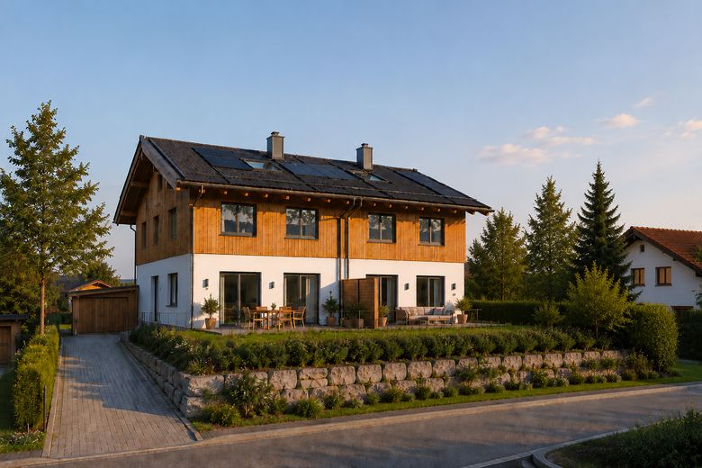 Teilbares Baugrundstück mit Bergblick – ideal für Doppelhaus/MFH oder EFH – Ki-Illustration Doppelhaus