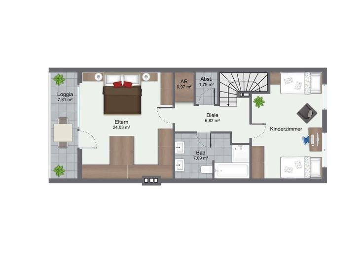 Stilvolle Maisonette-Wohnung mit zwei Balkonen und Kamin in begehrter Lage von Düsseldorf – Grundriss 2. OG