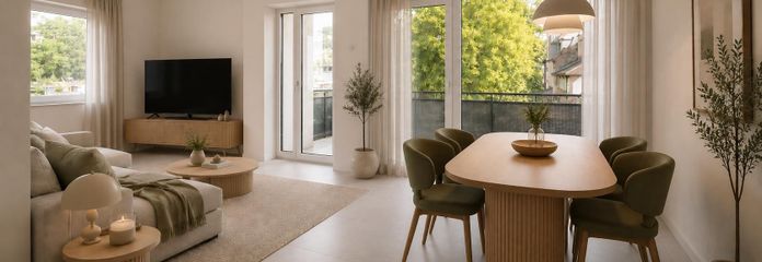 EERSTE BEWONING - 4-kamerappartement op een toplocatie, comfort en sfeer in de nieuwbouw aan de Klingenburg – Wohnzimmer KI generiert