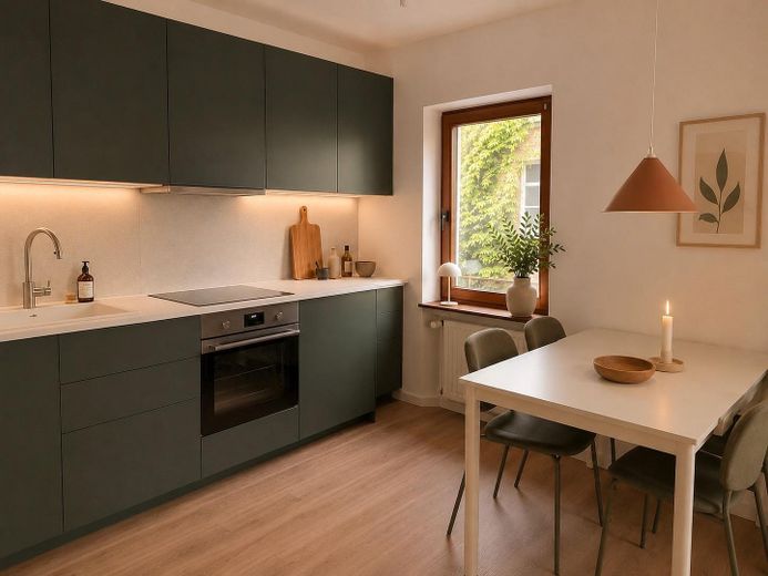 Helles, frisch saniertes 1-Zimmer-Apartment mit Balkon in Bessungen – Küche und Esstisch