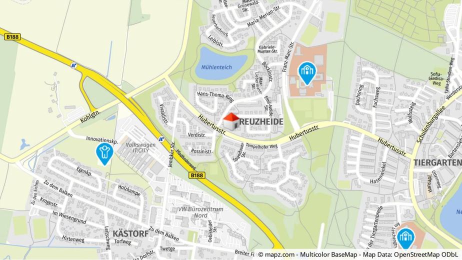 GESUCHT: junge Familie für Einfamilienhaus mit Garage und Vollkeller in WOB-Kreuzheide – Geolyzer Kartenausschnitt