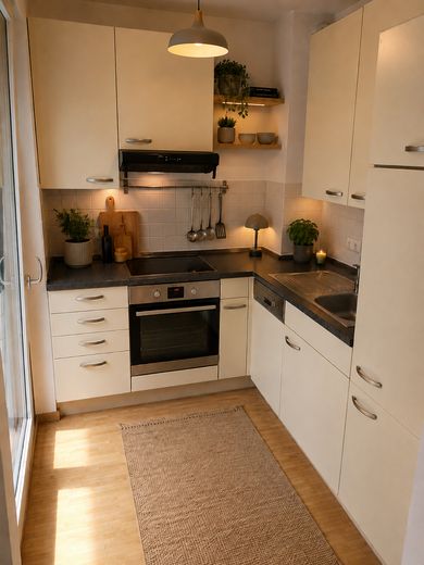 Maxvorstadt: Ruhige 1-Zimmer-Gartenwohnung in Toplage – nur 3 Min. zur U-Bahn! – Küche - Wohnvisualisierung