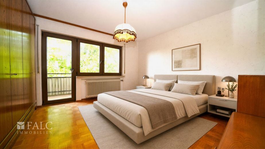 Naturparadies mit Weitblick auf die Stadt! Doppelhaus mit über 4.200 m² Grundstück - FALC Immobilien – Schlafzimmer EG rechts (Vis.)
