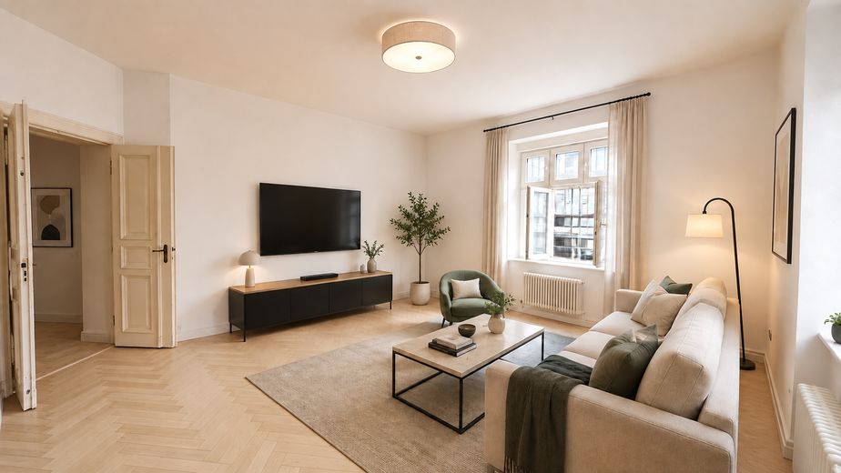 Vistas directas al Spree | 107 m² disponibles para ocupar | Ascensor | Sin comisión | 3–4 habitaciones – Visualisierung Wohnzimmer