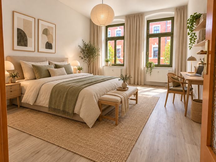 Balkonlu ve ankastre mutfaklı, tarihi çok aileli konutta çekici, modernize edilmiş 2 odalı daire - %6 getiri – Schlafzimmer _KI möbliert