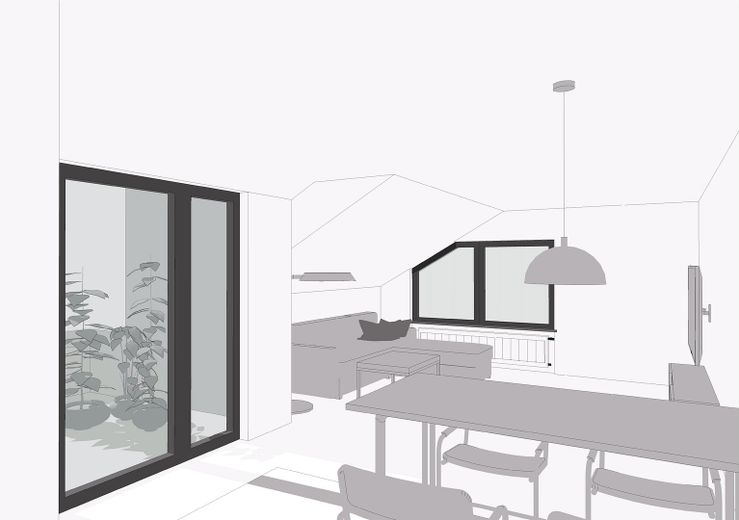 Helle 2-Zimmer-Dachgeschosswohnung mit Loggia – in gepflegtem Mehrfamilienhaus – Wohnzimmer - Rendering