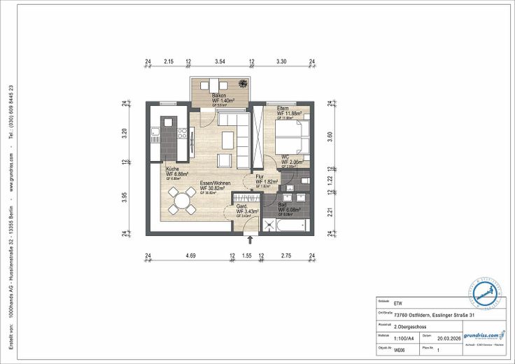 Renovierte 2,5-Zimmer-Wohnung mit Balkon, Einbauküche und Tiefgaragenstellplatz in Ostfildern – Grundriss WE 2.OG Mitte