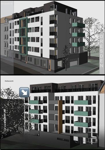 Wonen met stijl en ondergrondse parkeergarage: 3-kamerwoning met balkon in de Dresdner Neustadt – Ansicht