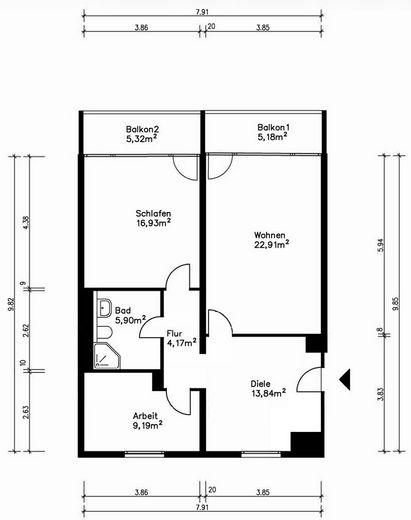 Modernisierte 3-Zimmer-Wohnung mit 2 Westbalkonen in Regensburg – Grundriss der Wohnung