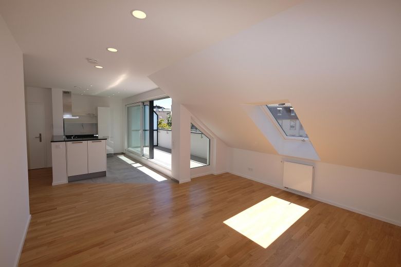 Penthauswohnung mit Dachterrasse: 2-Zimmer-Wohnung mit Einbauküche im Zentrum zu vermieten! – Wohnzimmer mit Küchenzeile 
