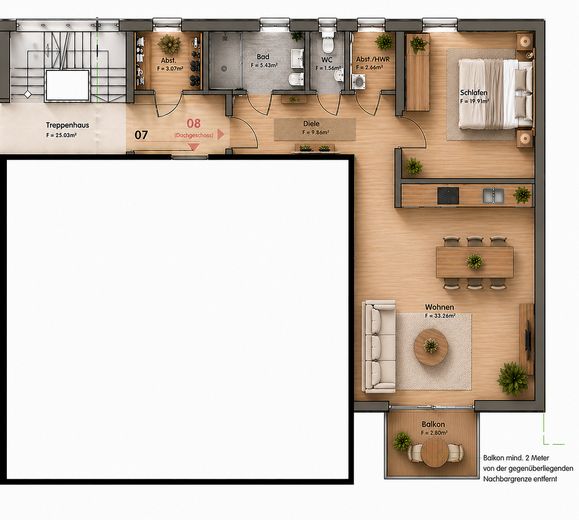 Erstbezug 2-Zimmer-Wohnung (1. OG, Balkon, barrierefrei) in Berge bei Nauen – Einrichtungsbeispiel KI