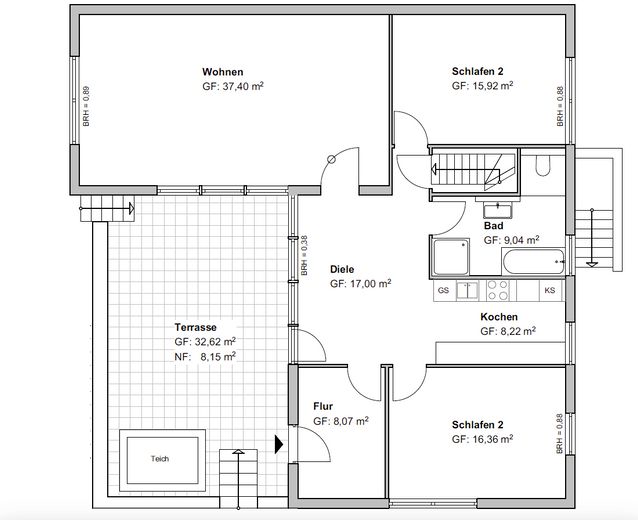 Haus im Bungalowstil als Fertigbau mit Pool, Nebengelass und großem Grundstück – Grundriss Haus