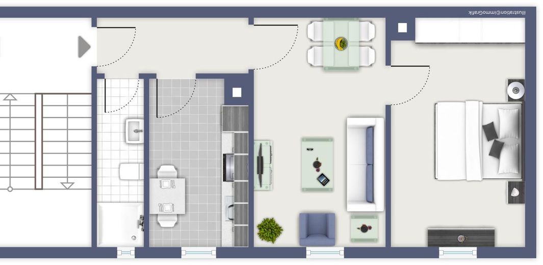 Renovierte Altbauwohnung: 2 Zimmer + neue EBK in Hinterhauslage nahe Mendelssohnplatz/ KIT – Grundriss (Küche aber rechts)