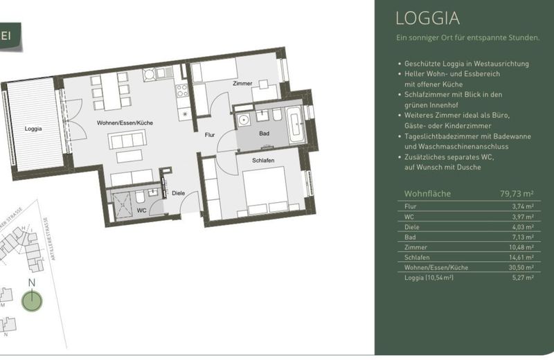 Erstbezug, 3-Zimmer-Wohnung mit 10 m² Loggia | 80 m² – Grundriss