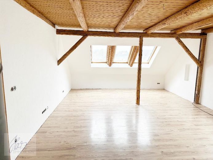 ***VIEL PLATZ &amp; BESONDERER WOHNCHARAKTER - 6-ZIMMER-MAISONETTE MIT KAMIN*** ab demnächst zu vermieten – Wohnzimmer mit Kaminofen &amp; Holzbalkendecke - untere Wohnebene