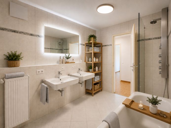 Appartamento per famiglie di rara bellezza – balcone esposto a sud-ovest, 2 bagni e posizione tranquilla di prim’ordine a Freiburg-Vauban – Badezimmer