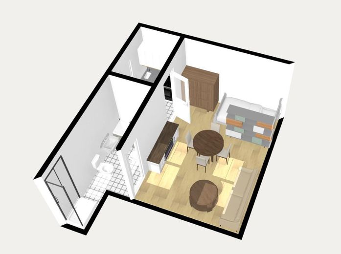 Freshly renovated, bright 1-room apartment in a quiet building right by Barmer Anlagen – Grundriss 3D mit Bsp-Möbel